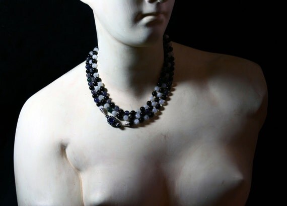 Moonstone, jet, iolite on knotted silk