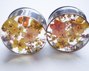 Plugs Real Flower Natural Girly Cute Pretty Orange Yellow Flowers Spring Summer Handmade Unique Custom Floral Gauge Unusual Ear Tunnels