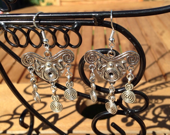 Boho style Tibetan silver earrings, boho earrings, swirling earrings with silver ear hooks, triple swirl earrings, boho swirling earrings