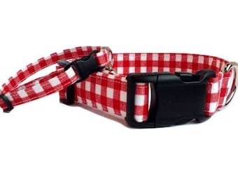 Red Gingham Dog Collar Summer Fabric Picnic Checker plaid Adjustable with Buckle & D Ring XS Mini Puppy Small Medium Extra Large XL