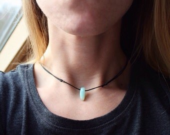 Amazonite necklace beaded choker, crystal choker necklace on black adjustable cotton cord by Serenity Project.