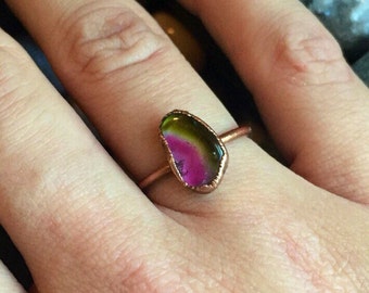 Choose Your Slice- ELECTROFORMED- Watermelon Tourmaline Slice Ring, Copper, Bi Color Tourmaline, Sterling silver