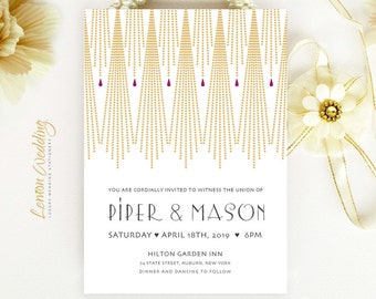 Art Deco Wedding Invitation printed on shimmer paper | Gold wedding invitations | Gatsby wedding invitation | Evening wedding invitations