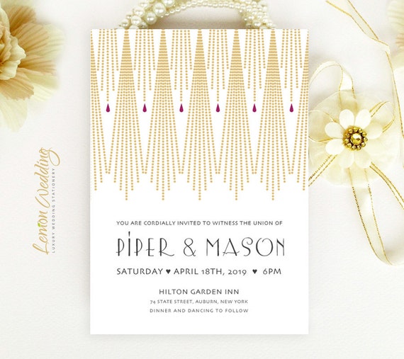 Art Deco Wedding Invitation printed on shimmer paper | Gold wedding invitations | Gatsby wedding invitation | Evening wedding invitations