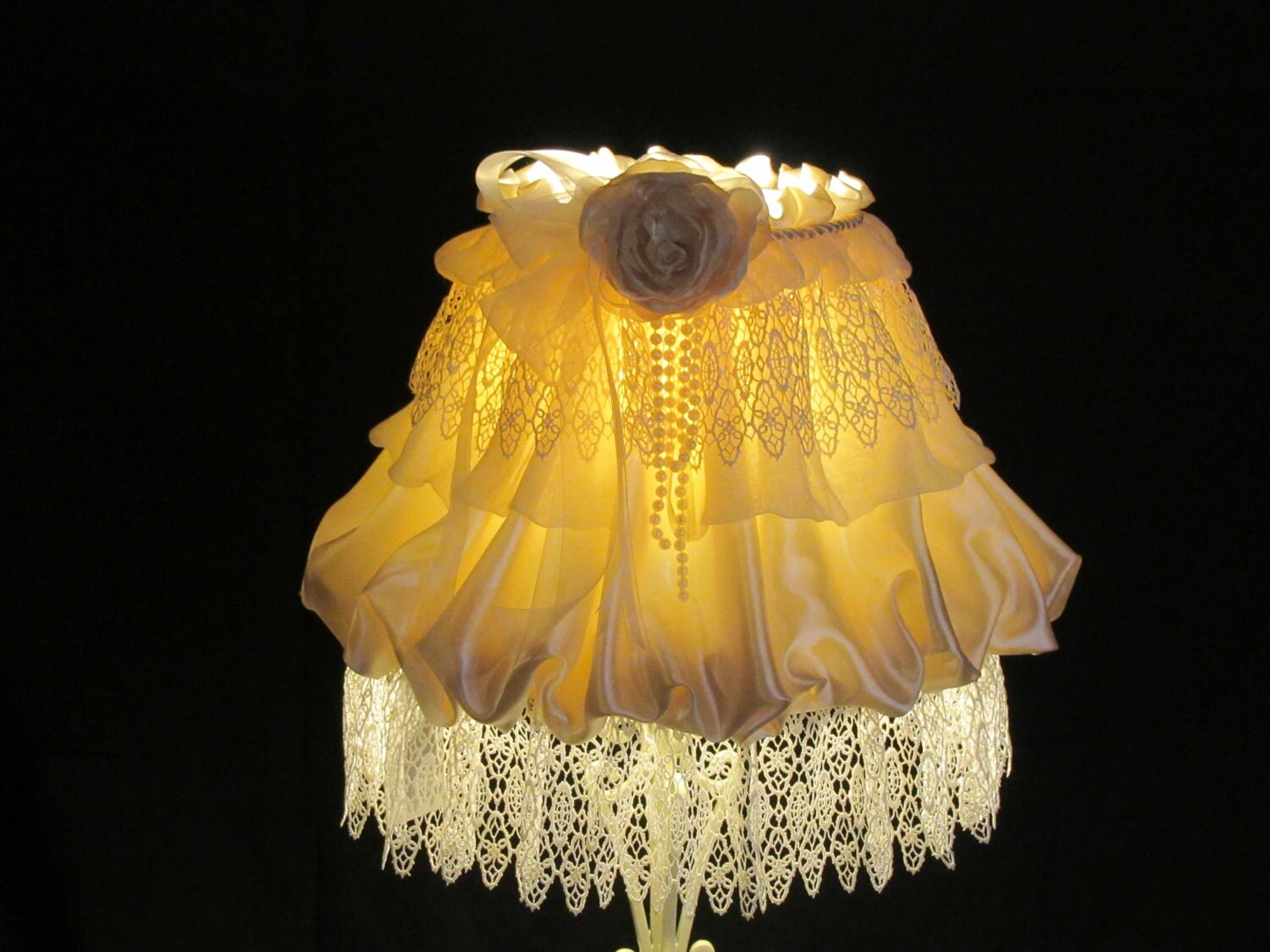 Cream/ Ivory Satin & Lace Lamp Shade Handmade Peony Rose