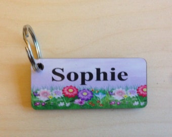 Girls Book bag tag, personalised keychain, printed bag tag, back to school item, flower design, girls bag tag, named keyring,