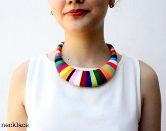 Statement Necklace Bib Colorful Necklace African Wrapped Necklace Tribal Fiber Necklace Gift for Her Textile Multicolor Contemporary Jewelry