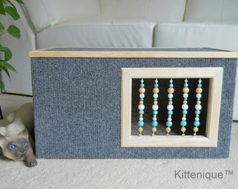 Gray Beaded Cat House - Wooden Cat Furniture - Unique Beaded Doorway and Window with Sterling Silver - Deluxe Carpeted Cat Condo, Cat Cave.