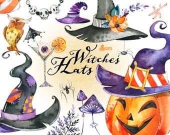 Witches Hats. Watercolor Halloween clipart, handpainted, pumpkin, cocktail, mushrooms, purple, flowers, skulls, spyder, invite, diy