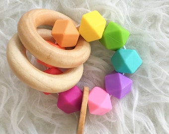 Baby Teething Toy Wooden Teether Rainbow Teether Silicone Bead Teether Hexagon Silicone Beads Teething Jewelry Wooden Teething Ring