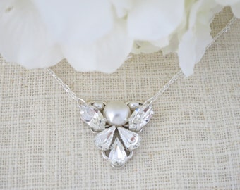 Simple Swarovski pendant necklace, Crystal and pearl bridal necklace, Rhinestone pendant wedding necklace, Bridesmaid necklace