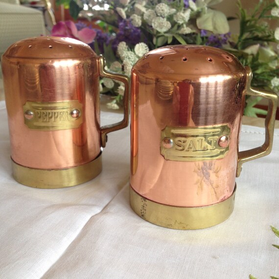 Items similar to Vintage Copper & Brass Salt and Pepper Shakers (Large