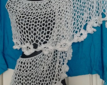 Knitted crochet shawl white wedding bridal shrug bamboo elegant lace lacy wrap evening cover up vacation romantic flower holiday cover up