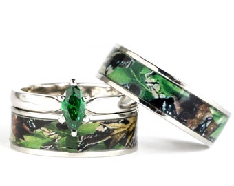 his and hers camo green marquis stainless steel and sterling silver wedding engagement ring set - Camouflage Wedding Ring Sets his and hers camo green marquis stainless steel and sterling silver wedding engagement ring set - Camouflage Wedding Ring Sets