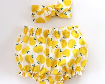 Baby Bloomers and Headband Set, baby girl headband, baby girl bloomers, yellow apples, bloomers set, baby bloomers