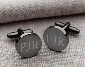 Engraved Mens Cufflinks - Personalized Gunmetal Round Cuff Links
