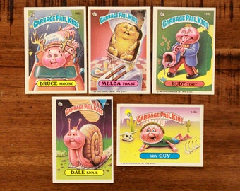 5 Vintage Garbage Pail Kids Cards/ 1986/ Sticker Cards/ Bruce Moose/ Melba Toast/ Rudy Toot/ Dale Snail/ Dry Guy