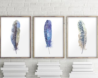 Printable art, Set of 3 prints, Feather print, Bohemian decor, Watercolor feather wall art decor, Feather poster decor, Home decor BD-992