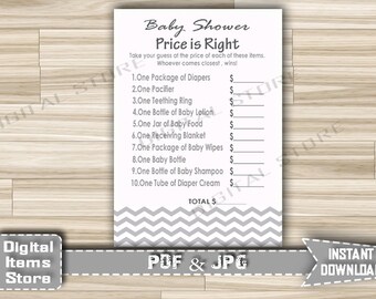 Printable Price is Right, Baby Shower Game Chevron - Baby Shower The Price Is Right in Chevron Gray and White - INSTANT DOWNLOAD - gc1