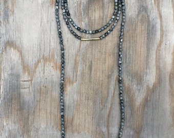 Long Beaded Double Wrap Choker Collar Necklace with Faceted Iridescent Black Grey Labradorite Beads and Gold Tube