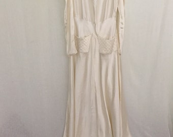 1930s House Gown / Ivory Satin Silk Floor Length Robe.