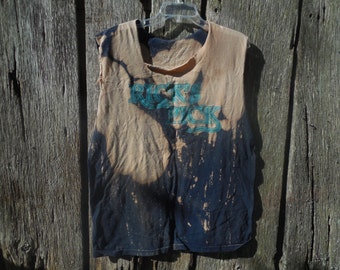 One of a kind bleached and destroyed t shirt "Ricks Pick" navy blue number 22 on the back cut off sleeves shredded distressed oversized XL