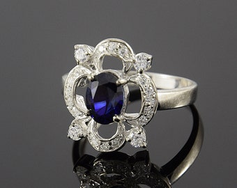 Sapphire ring, Silver sapphire ring, Art deco ring, Annieversary ring, Geometric ring, Gemstone ring, Birthstone ring