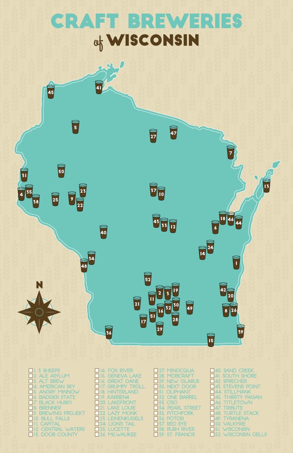 Wisconsin Craft Breweries Map ON SALE by GitchiAdventureGoods