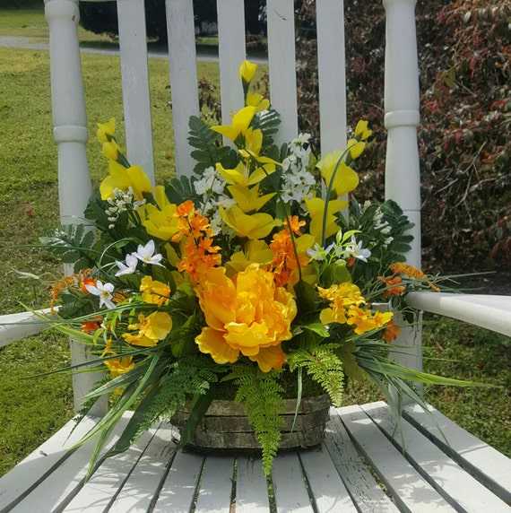 Vibrant Yellow Silk Floral Arrangement in Birch Basket