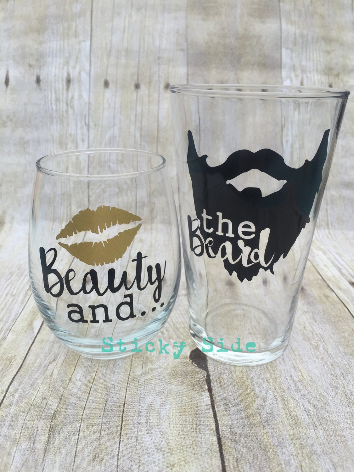 Beauty and the Beard Couple  glass  set Engagement by StickySide