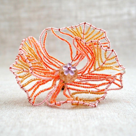 Vintage Beaded Flowers Set of 4 / Orange Pink Beaded Flowers