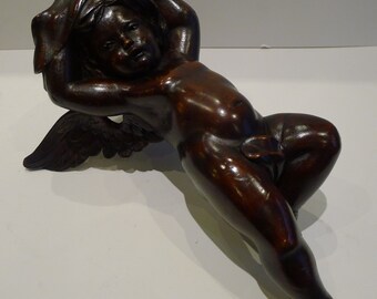 Adorable Carved Wooden Cherub Wall Hanging c.1880