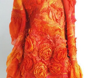 Sunny Orange Yellow Red Shawl. Fashion merino wool nuno felted shawl wrap. OOAK. Vintage Warm Wool silk stole. Gift for her