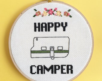 Happy Camper Cross Stitch - Wall Art - Embroidery Hoop