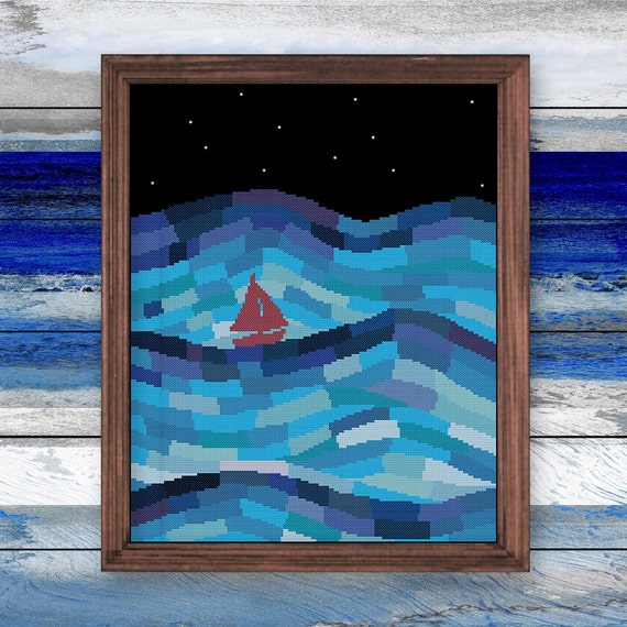 Sailboat in Night Ocean cross stitch pattern Modern art