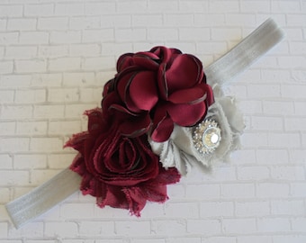 grey baby headband,maroon baby headband,maroon headband,grey headband,girls headband,girls marron headband,photo prop headband,maroon bows