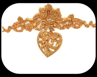 Vintage Viictoian Design BROOCH Repousse Gold Plated & Hanging Heart