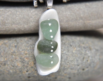 French sea glass necklace, Sea glass and seashell pendant, Beach finds jewelry, Beach glass mosaic, Seashell necklace, Beach lover gift