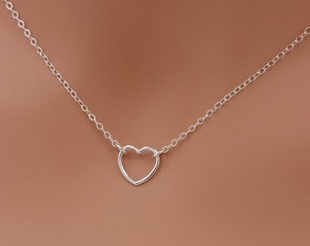 Open Heart Necklace, Sterling Silver Heart Necklace, Tiny Heart Necklace, 925 Sterling Silver Necklace, Valentines Day Gift for Her 0374