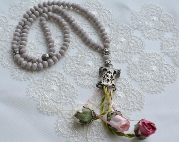 ottoman caftan flower pendant, light lilac masabaha,muslim glass sibhah,tasbeeh, sibhe, tassel, Quran, ayah, doa sibha,religiou spiritually