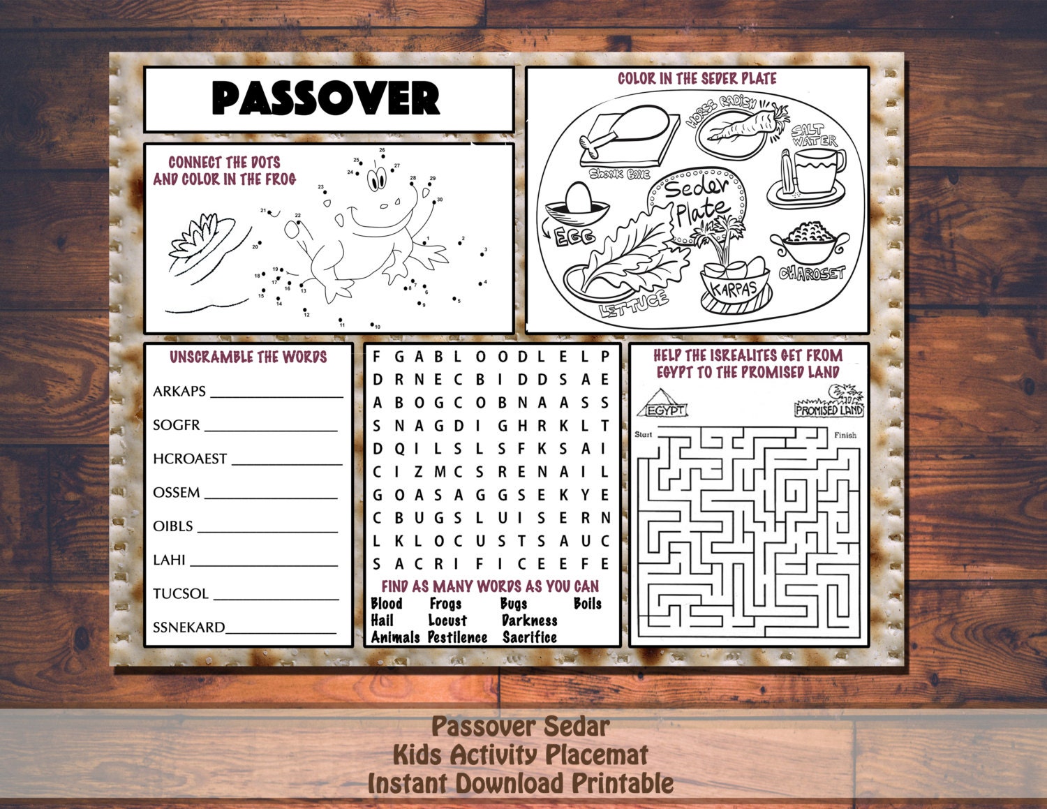 Kids Passover Pesach Activity Printable Placemat Instant