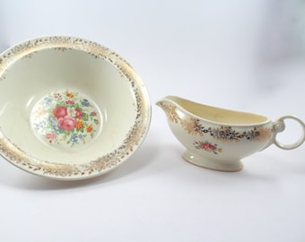 Vintage gravy boat and 9" serving bowl - Taylor Smith & Taylor china dishes - 1940s, antique, pattern TST 1871, gold edging, floral, flowers