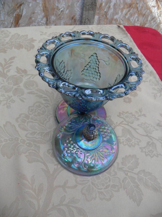 Carnival Glass Blue Carnival Glaas Candy Dish With Lid Footed