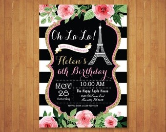 Paris Birthday Invitation. Eiffel Tower Invitation. Paris Invitation. Oh la la French theme. Chalkboard. Pink and Gold Printable Digital.