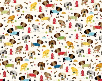 Rover Dog Park Cream by Riley Blake Designs - Pet Puppy Paws Bones - Quilting Cotton Fabric - by the yard fat quarter half