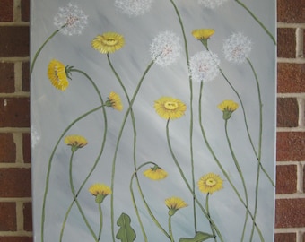 Dandelion Painting Yellow and Gray Painting Abstract Flowers Large Painting