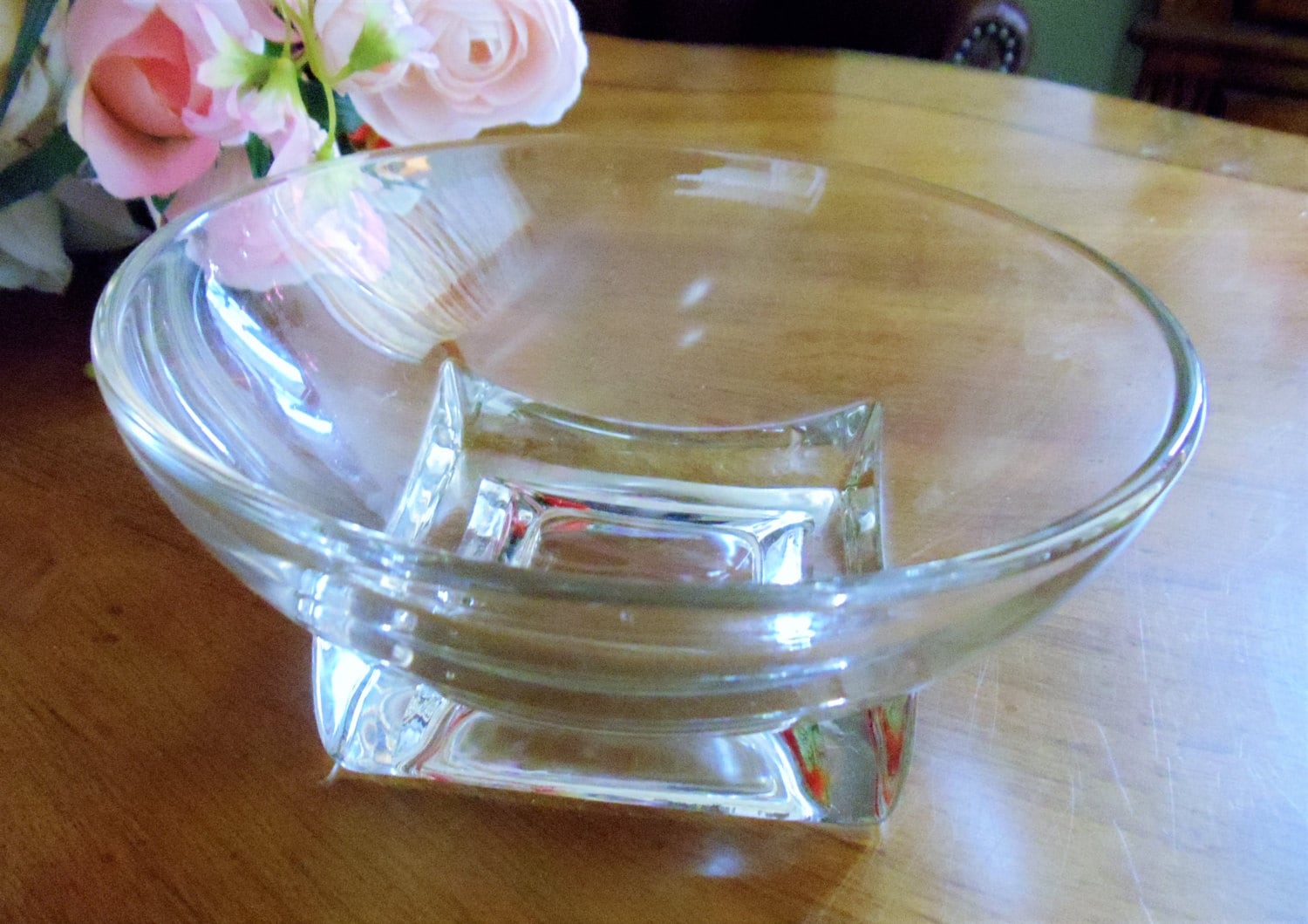 Vintage Clear Glass Pedestal Vase Bowl. Solid Heavy Glass