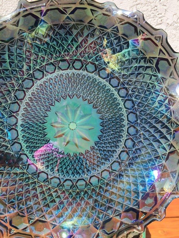 Vintage Blue Carnival Glass Plate with Scalloped/Ruffled