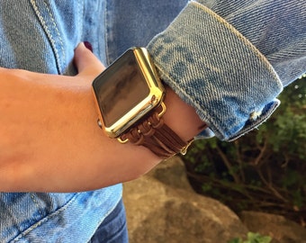 Apple Watch iWatch Band 38mm 42mm Women Bands Case Bracelet BROWN Suede Leather Strapy Gold Adapters Band Cover Womens 38 42 TimeKitsUSA