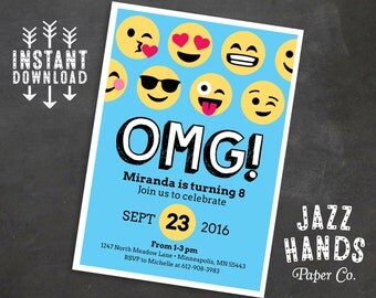 Emoji Birthday Invitation Template, Blue, Emoji Birthday Party, Emoji Invitation, Emoticon, Teen birthday, Emoji party invite, DIY Printable
